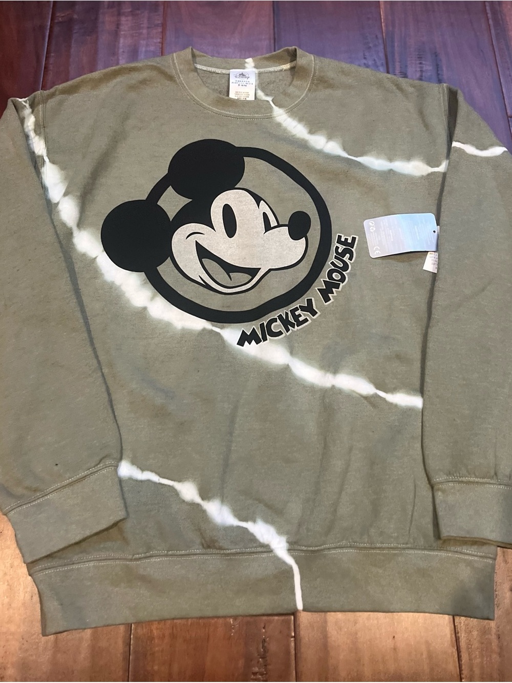 Disney Olive Green and White Tie-Dye Mickey Mouse Crewneck
